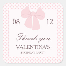 Roze stippen en roze strik meisjes verjaardag vierkante sticker