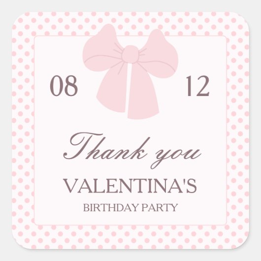 Roze stippen en roze strik meisjes verjaardag vierkante sticker (Voorkant)