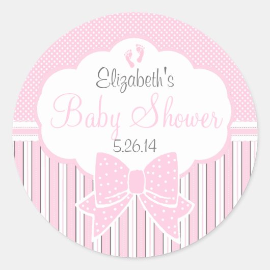 Roze Stippen en Stripes-Baby shower Ronde Sticker (Voorkant)