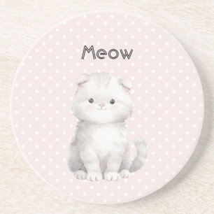 Roze Stippen Grijs Witte Schattige Kitty Kat Zandsteen Onderzetter