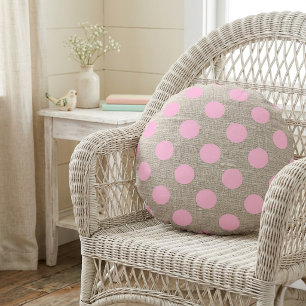 Roze Stippen in Vintage Stijl op Jute Rond Kussen