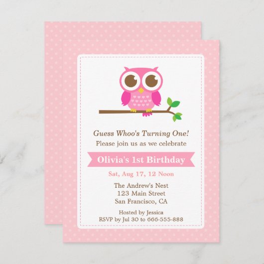 Roze Stippen Knuffel Uil Verjaardagsfeestje Kaart (Voorkant / Achterkant)