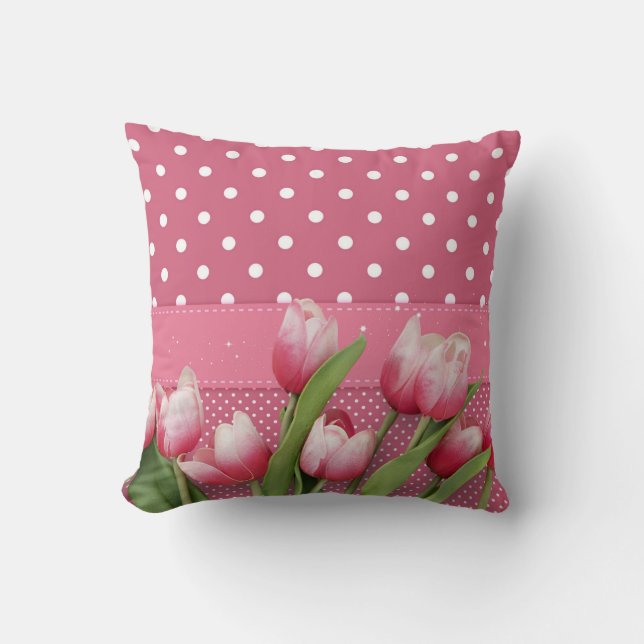 Roze Stippen met Mooie Roze Tulpen,  Kussen (Voorkant)