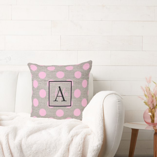  roze Stippen op Burlap Canvas Monogram Kussen (Bank)