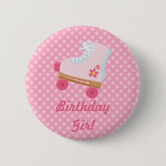Roze Stippen Rollerskate Birthday Button (Voorkant)