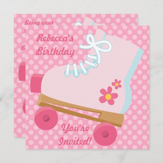 Roze Stippen Rollerskate Birthday Party Invitation Kaart (Voorkant / Achterkant)
