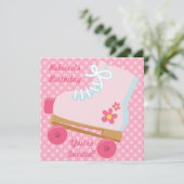 Roze Stippen Rollerskate Birthday Party Invitation Kaart (Staand voorkant)