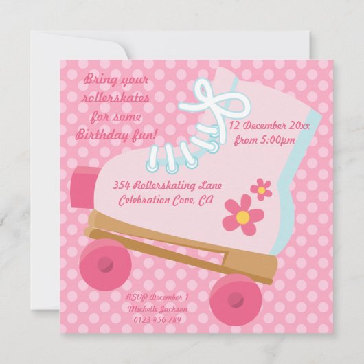Roze Stippen Rollerskate Birthday Party Invitation Kaart (Achterkant)