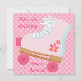 Roze Stippen Rollerskate Birthday Party Invitation Kaart