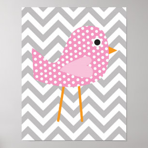 Roze Stippen Vogel, Grijze Chevron Slaapkamer, Kin Poster