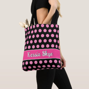 Roze Stippen Zwart Gepersonaliseerde Naam Tote Bag