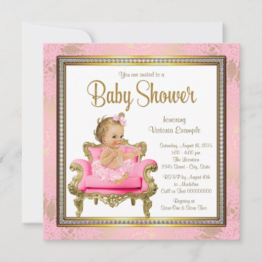 Roze Stoel Lace Parels Roze Goud Baby shower Kaart (Voorkant)