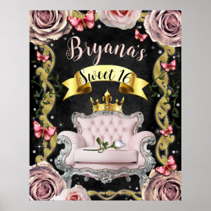 Roze Stoel Rozen Vlinders Welkom Bord Sweet 16 Poster