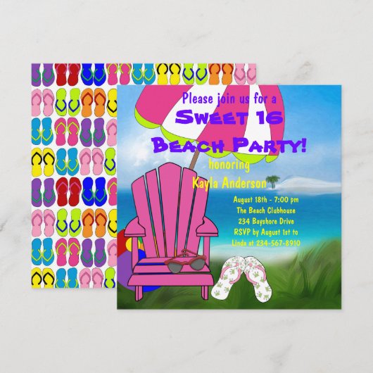 Roze Stoel Teenslippers Sweet 16 Beach Party Kaart (Voorkant / Achterkant)