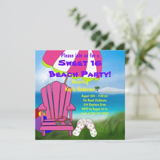 Roze Stoel Teenslippers Sweet 16 Beach Party Kaart (Staand voorkant)