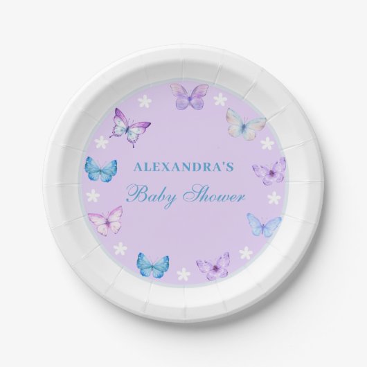Roze Stoffig Blauw Paarse Vlinder Baby shower Papieren Bordje (Voorkant)