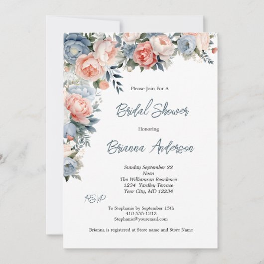 Roze Stoffig Blauw Wit Bloemen Elegant Vrijgezelle Kaart (Voorkant)