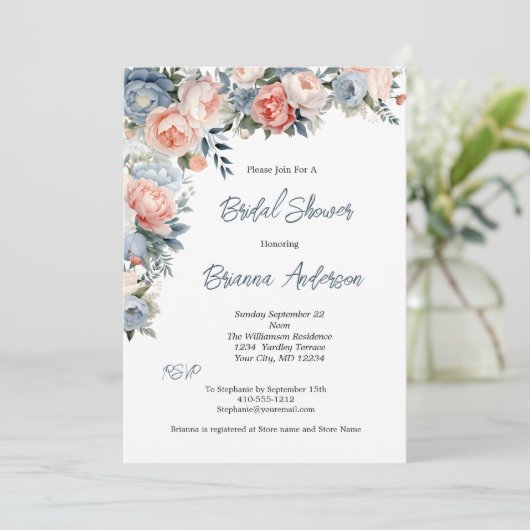 Roze Stoffig Blauw Wit Bloemen Elegant Vrijgezelle Kaart (Staand voorkant)