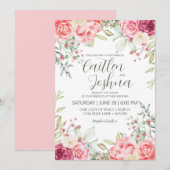 Roze Stoffig Roos Groen Bruiloft Kaart (Voorkant / Achterkant)