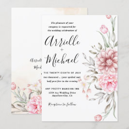 Roze Stoffig Roos Groen Bruiloft Kaart