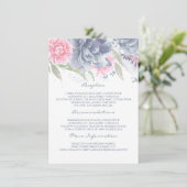 Roze + stoffige blauwe bloemen bruiloft informatie informatiekaartje (Staand voorkant)