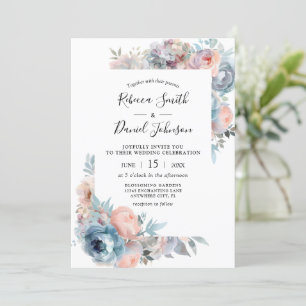 Roze & stoffige Blauwe Rozen Waterverf Bloemen Huw Kaart