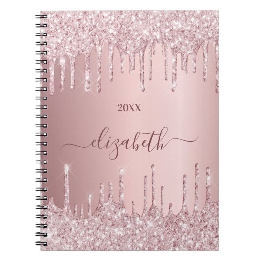 Roze stoffige roos glitter druppels monogram notitieboek (Voorkant)