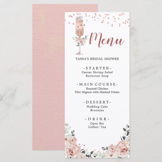 Roze Stoffige Rozen bloemblaadjes en Prosecco Vrij Menu (Voorkant / Achterkant)