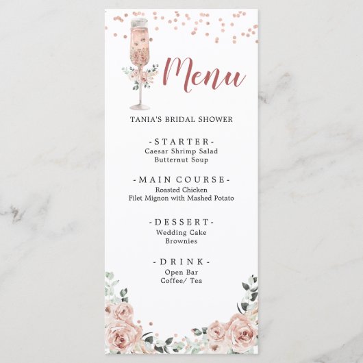 Roze Stoffige Rozen bloemblaadjes en Prosecco Vrij Menu (Voorkant)