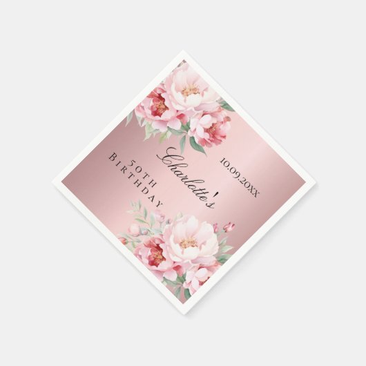 Roze stoffige rozen bloemen elegante verjaardag servet (Hoek)