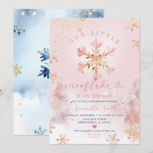 Roze stoffige winter kleine sneeuwvlok op de weg kaart (Voorkant / Achterkant)