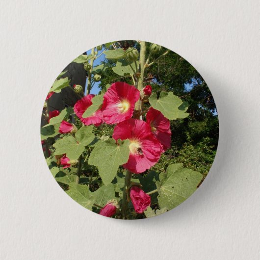 Roze stokrozen ronde button 5,7 cm (Voorkant)
