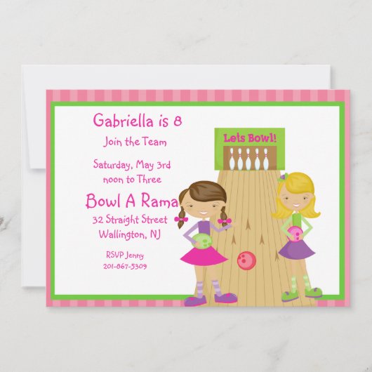 Roze, Stomme, Striped Girl Bowling Party Uitnodigi Kaart (Voorkant)