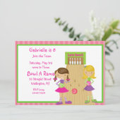 Roze, Stomme, Striped Girl Bowling Party Uitnodigi Kaart (Staand voorkant)