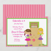 Roze, Stomme, Striped Girl Bowling Party Uitnodigi Kaart (Voorkant / Achterkant)