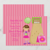 Roze, Stomme, Striped Girl Bowling Party Uitnodigi Kaart (Voorkant / Achterkant)