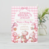 Roze Stomp Chomp Roar 1e Verjaardag Dinosaurus Kaart (Staand voorkant)