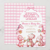 Roze Stomp Chomp Roar 1e Verjaardag Dinosaurus Kaart (Voorkant / Achterkant)