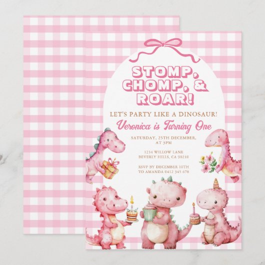 Roze Stomp Chomp Roar 1e Verjaardag Dinosaurus Kaart (Voorkant / Achterkant)