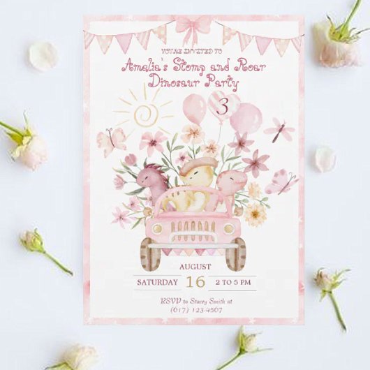 Roze Stomp en Roar Dinosaurus Verjaardag Kaart