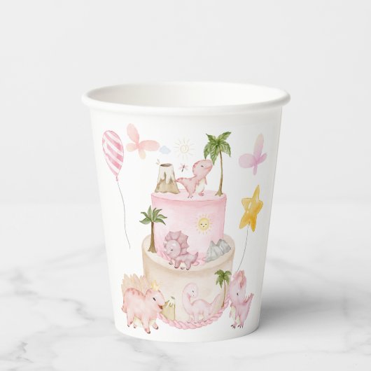 Roze Stomp en Roar Dinosaurus Verjaardag Papieren Bekers (Achterkant)