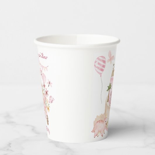 Roze Stomp en Roar Dinosaurus Verjaardag Papieren Bekers (Links)