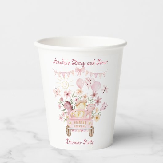 Roze Stomp en Roar Dinosaurus Verjaardag Papieren Bekers (Voorkant)