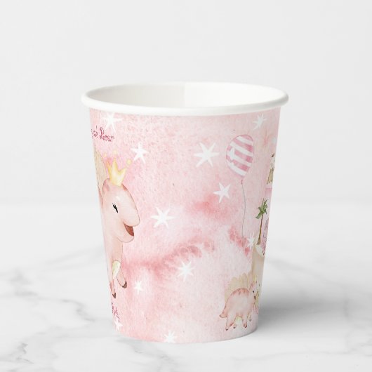 Roze Stomp en Roar Dinosaurus Verjaardag Papieren Bekers (Links)