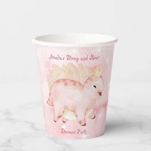 Roze Stomp en Roar Dinosaurus Verjaardag Papieren Bekers (Voorkant)