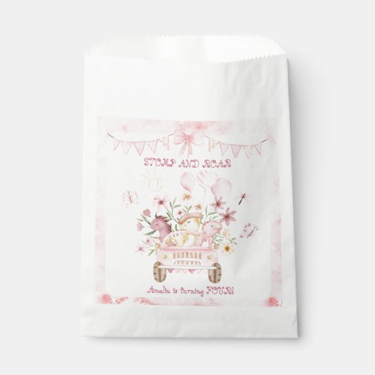 Roze Stomp en Roar Vierde Dinosaurus Verjaardag Bedankzakje (Voorkant)