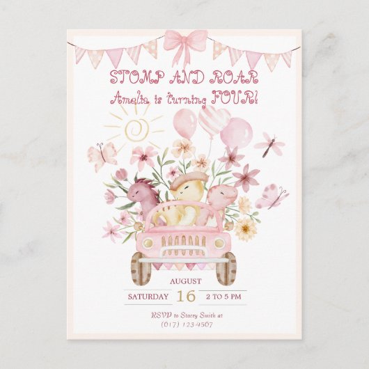 Roze Stomp en Roar Vierde Dinosaurus Verjaardag Briefkaart (Voorkant)