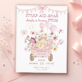 Roze Stomp en Roar Vierde Dinosaurus Verjaardag Briefkaart