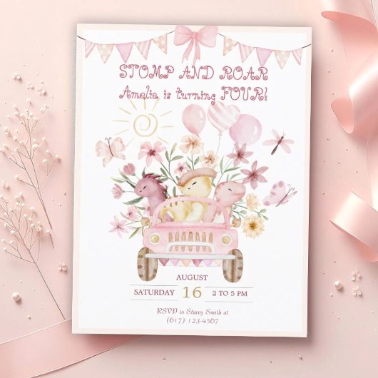 Roze Stomp en Roar Vierde Dinosaurus Verjaardag Briefkaart