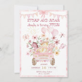 Roze Stomp en Roar Vierde Dinosaurus Verjaardag Kaart (Voorkant)